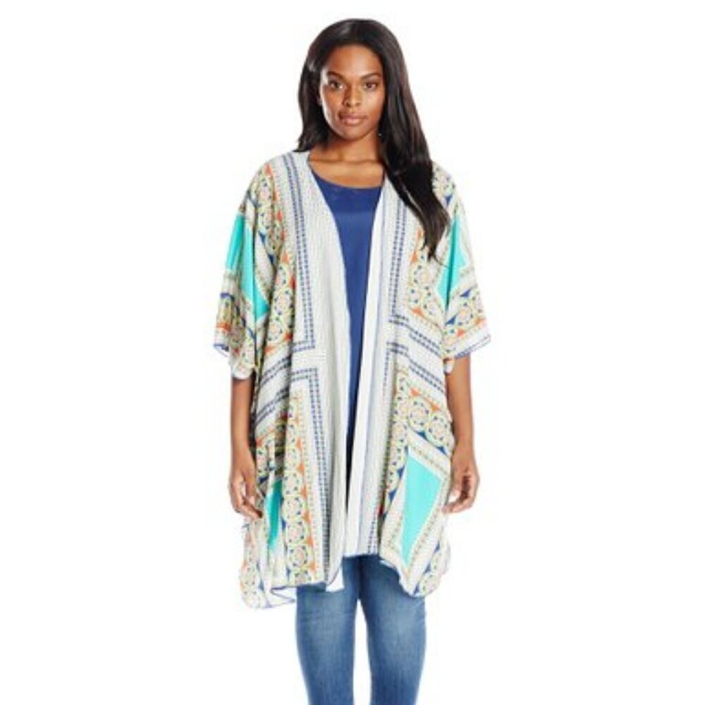 Democracy Aqua Blue Medallion Kimono Open Front Cardigan